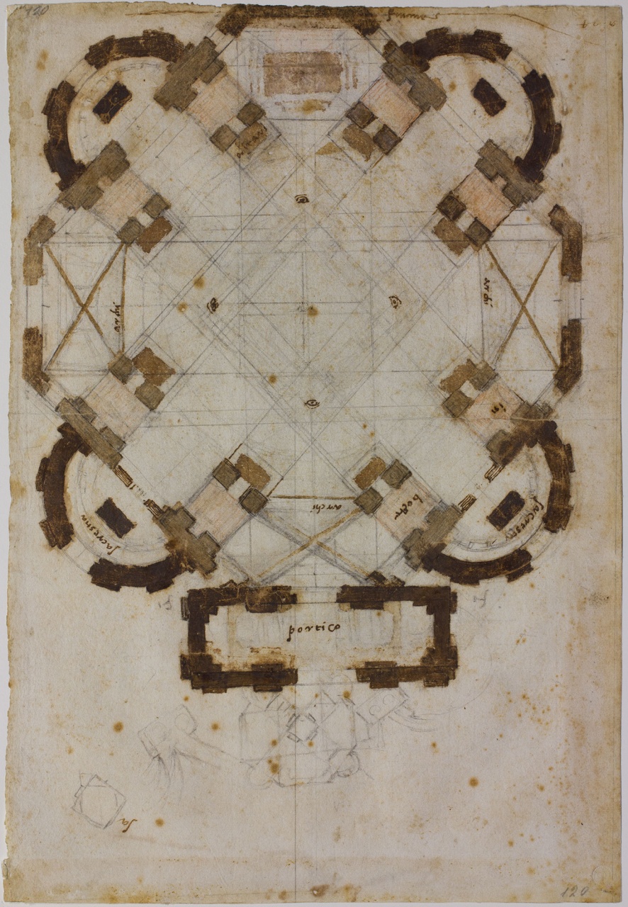 studio planimetrico per S. Giovanni dei Fiorentini a Roma/ finestra e piante di chiesa (disegno) di Buonarroti Michelangelo (sec. XVI)