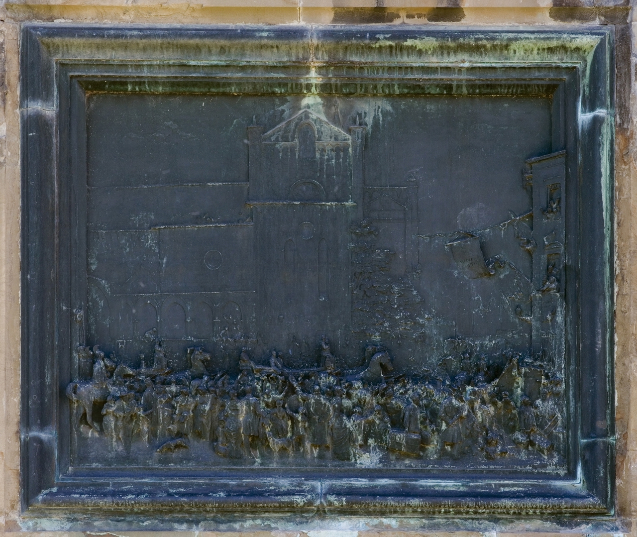 Partenza di Vittorio Emanuele II per Roma proclamata Capitale d'Italia (rilievo) di Zocchi Emilio, Fonderia Galli (sec. XIX)