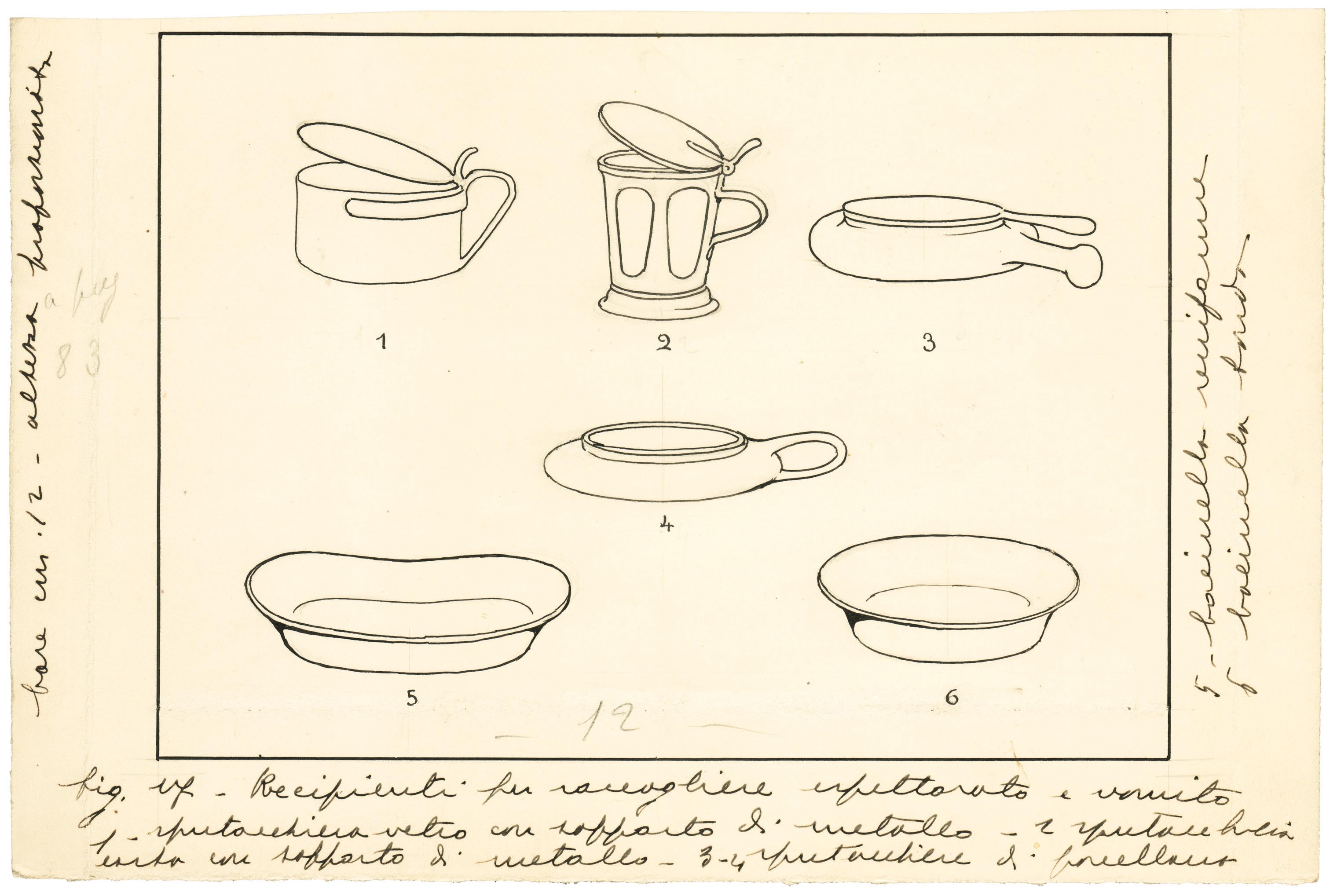 recipienti per raccogliere espettorato e vomito (disegno) di Anichini Ezio (secondo quarto sec. XX)