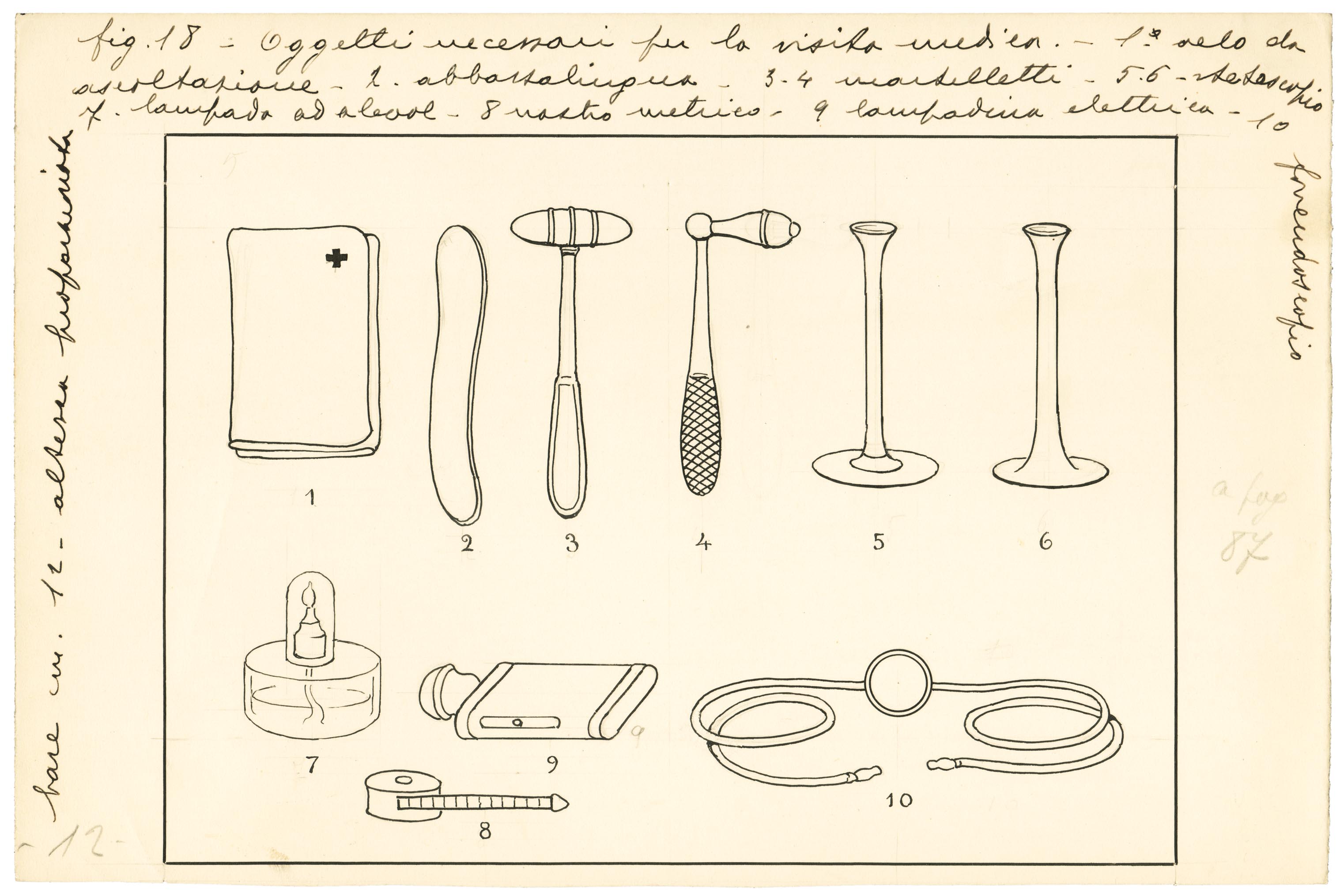strumenti per la visita medica (disegno) di Anichini Ezio (secondo quarto sec. XX)