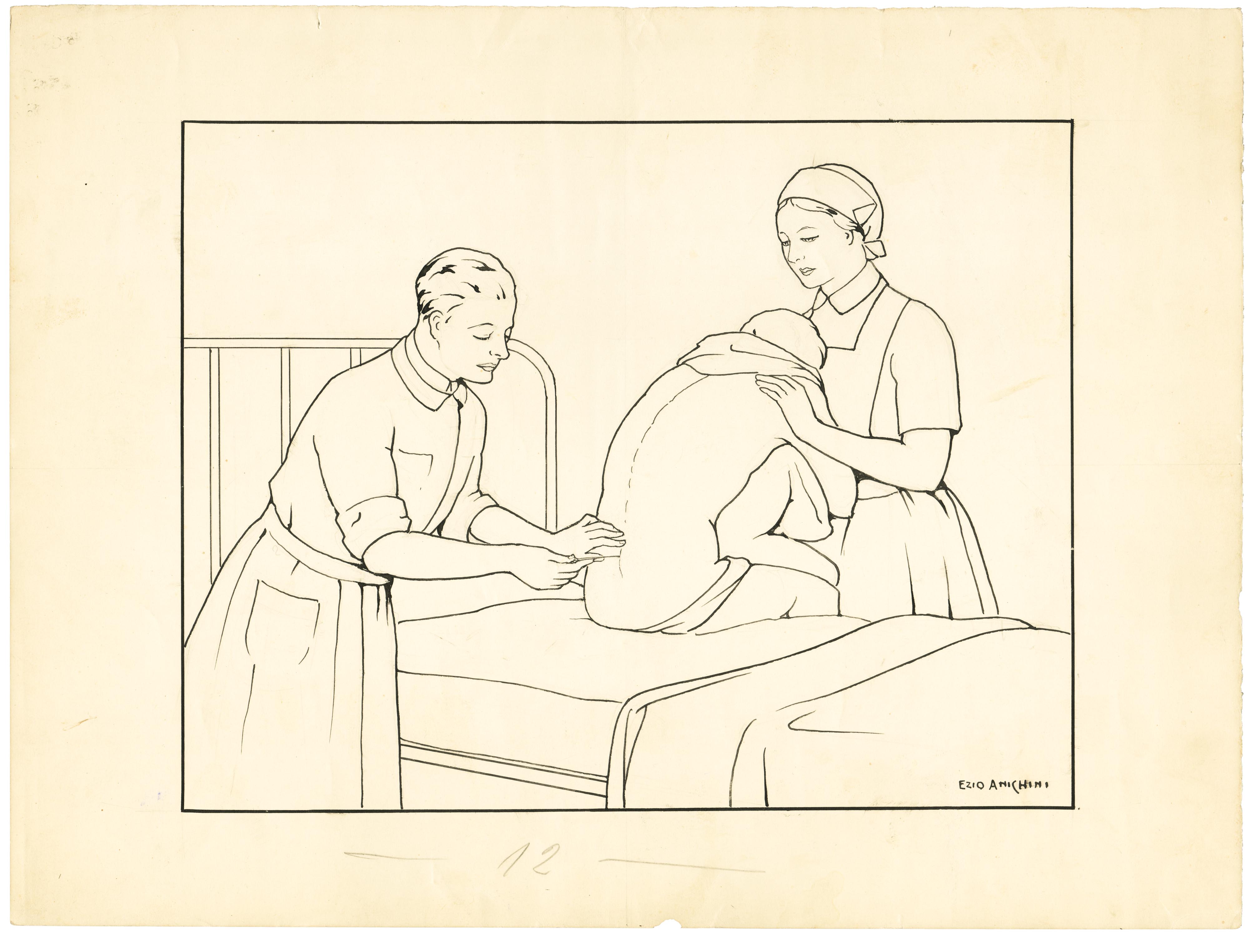 iniezione lombare (disegno) di Anichini Ezio (secondo quarto sec. XX)