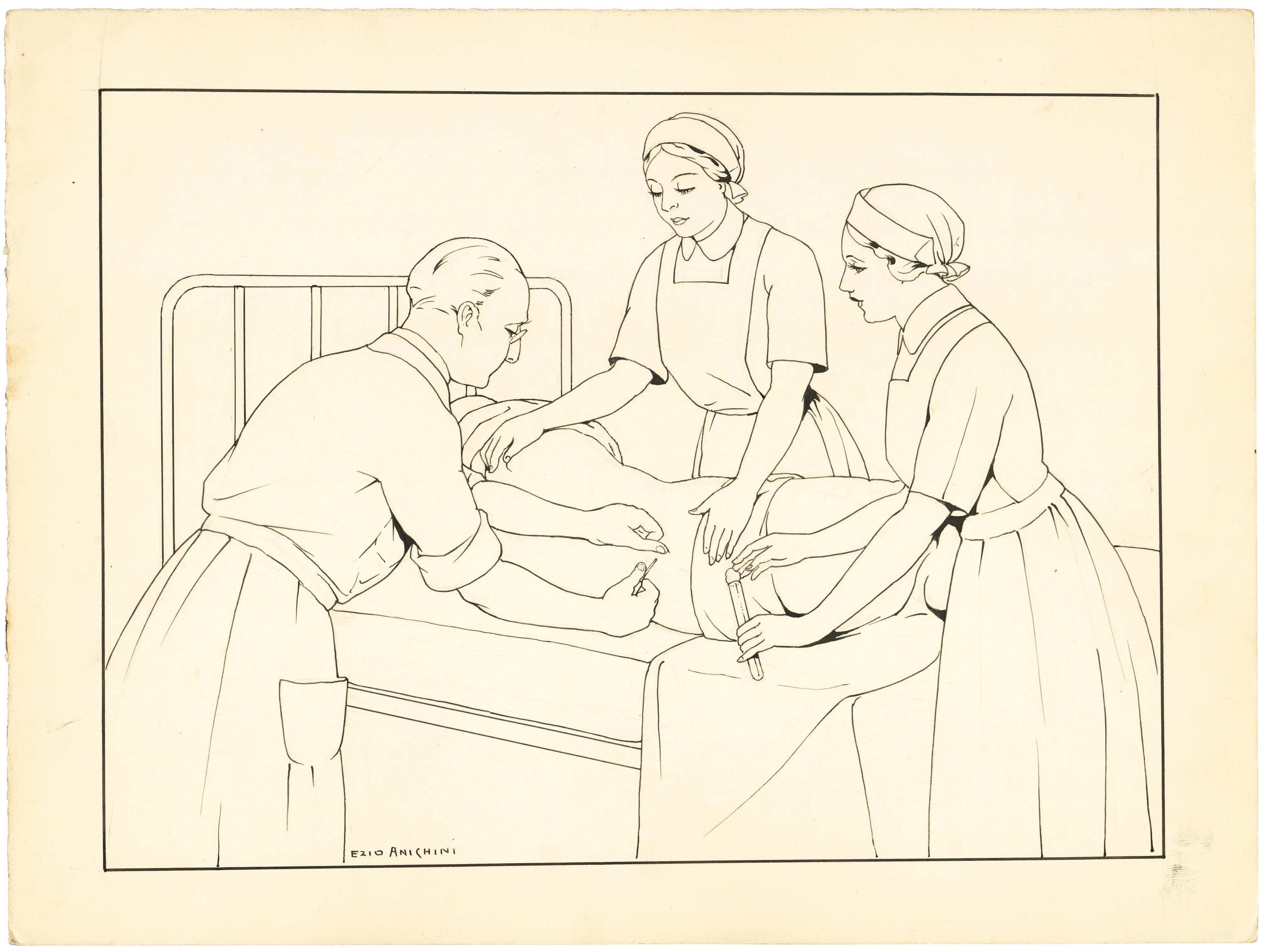La puntura lombare (disegno) di Anichini Ezio (secondo quarto sec. XX)