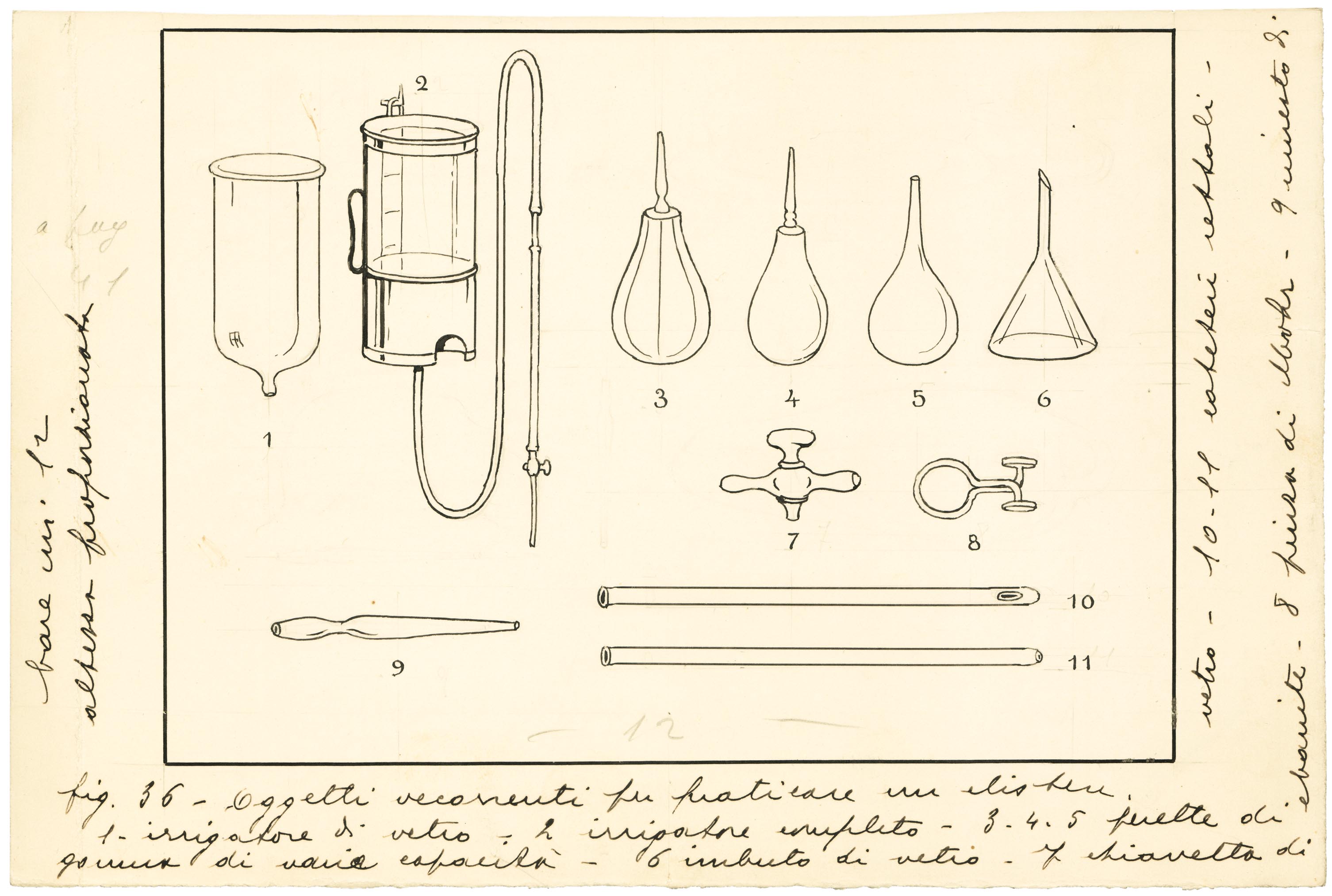 oggetti per praticare un clistere (disegno) di Anichini Ezio (secondo quarto sec. XX)
