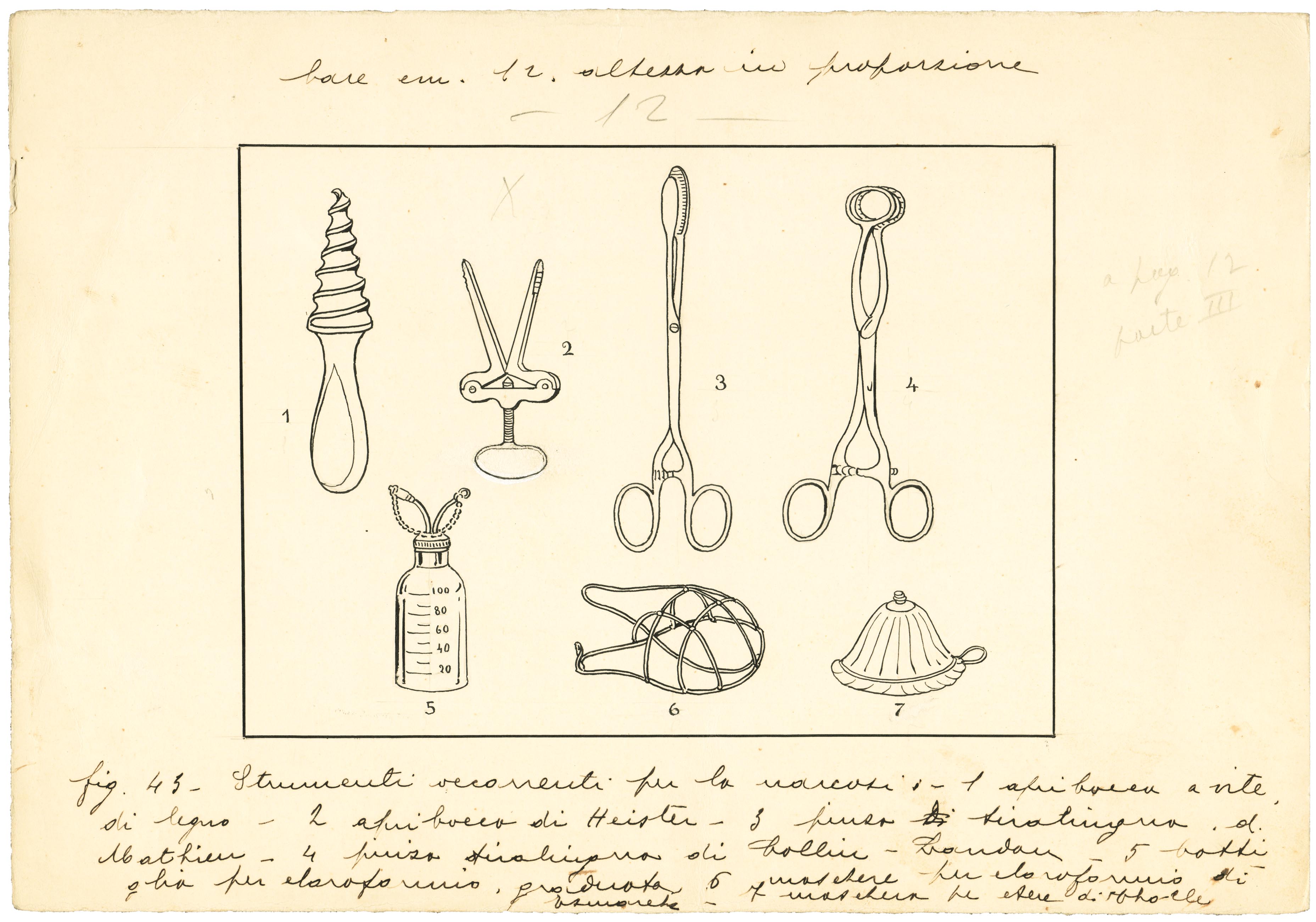 strumenti per la narcosi (disegno) di Anichini Ezio (secondo quarto sec. XX)