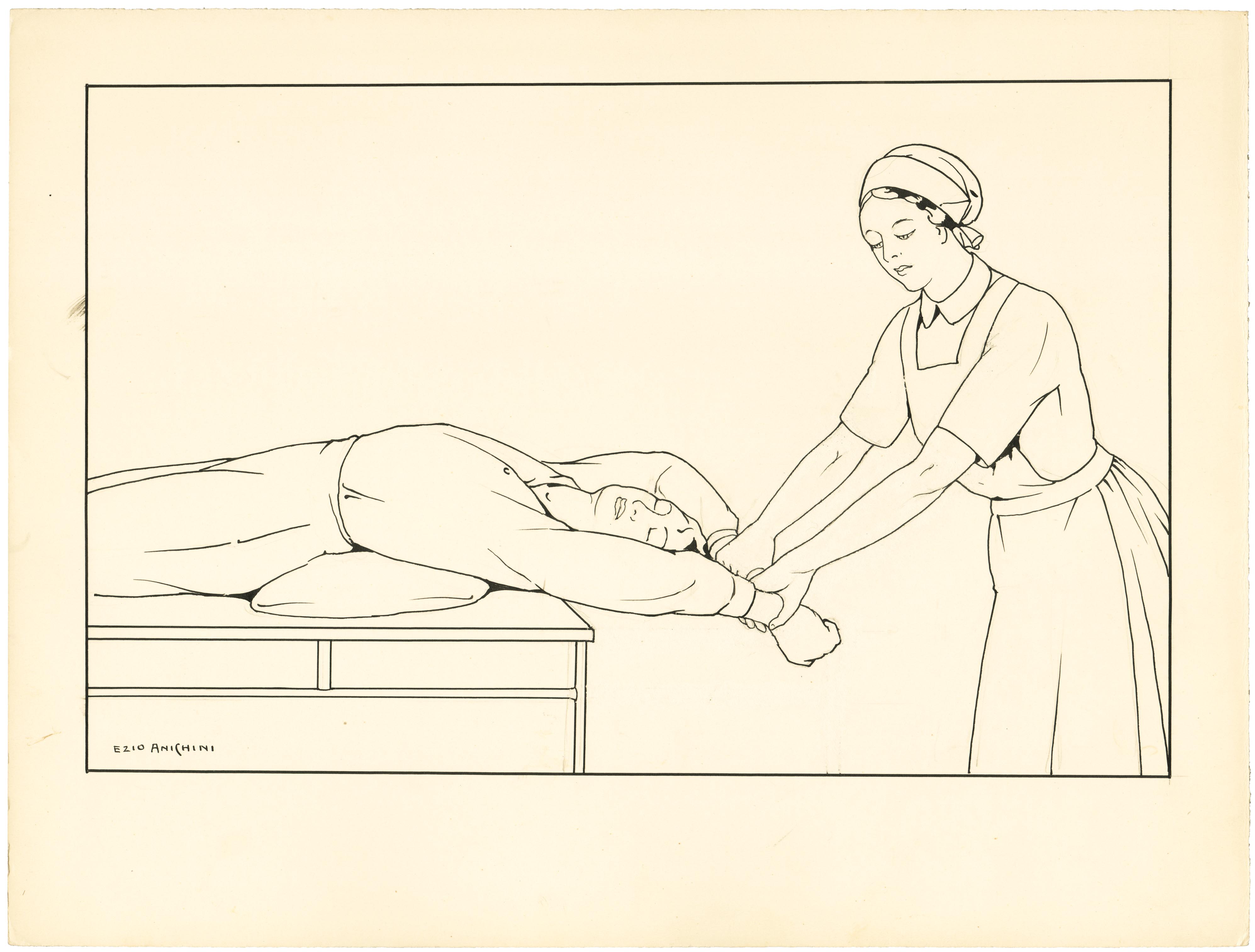 sercizio di respirazione addominale (disegno) di Anichini Ezio (secondo quarto sec. XX)