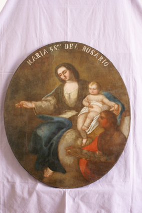 Madonna del Rosario, Madonna con Bambino e devota (dipinto) di Donadio G (attribuito) (primo quarto sec. XIX)