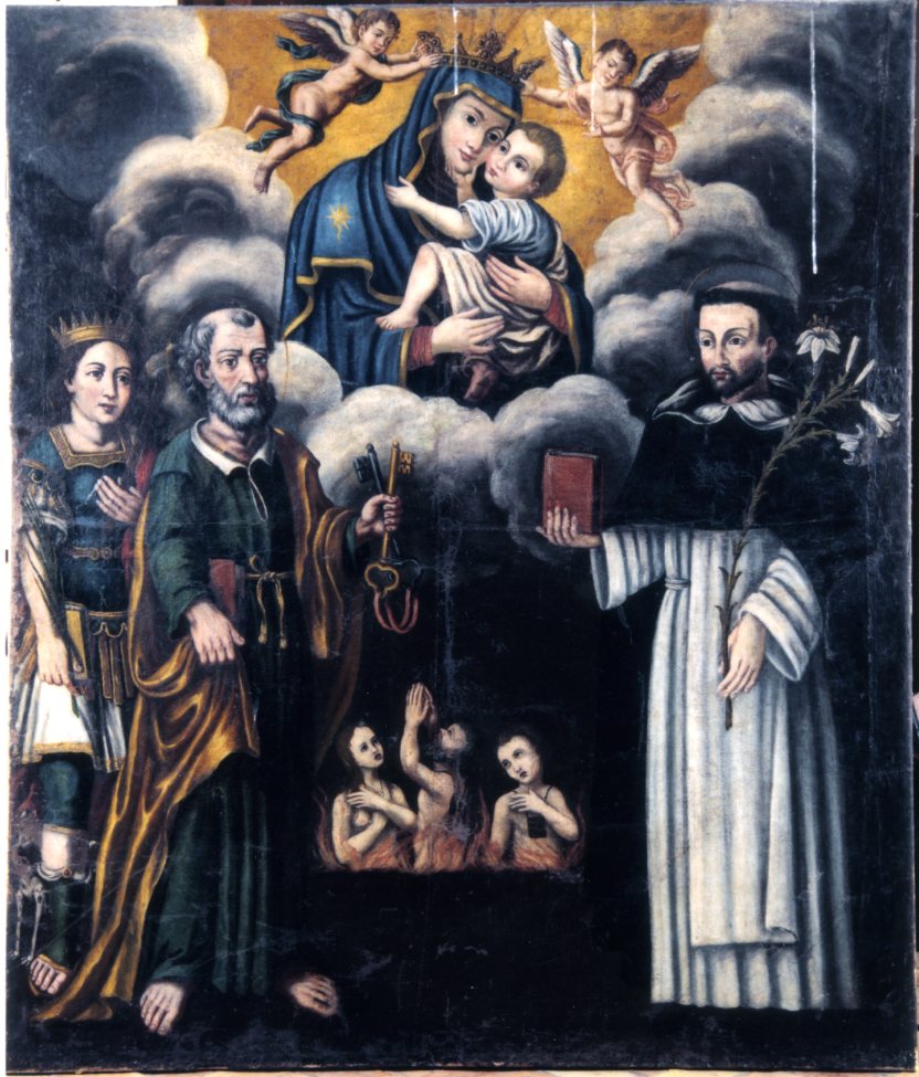 Madonna con Bambino, San Domenico, San Pietro, San Vito e anime purganti, Madonna con Bambino e Santi (dipinto) di De Laurentis Attilio (attribuito) (metà/ metà sec. XVII)