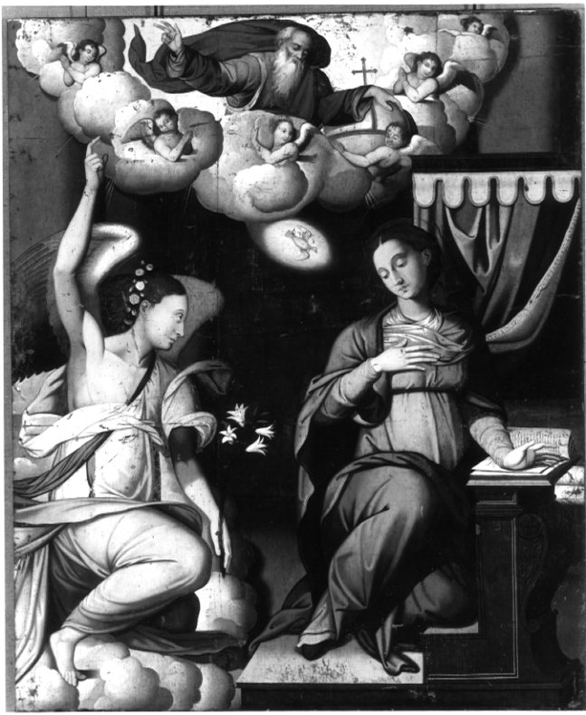 Maria riceve l'annuncio dell'Angelo, Annunciazione (dipinto) di Stabile Antonio (attribuito), Stabile Costantino (attribuito) - ambito Italia meridionale (ultimo quarto XVI)