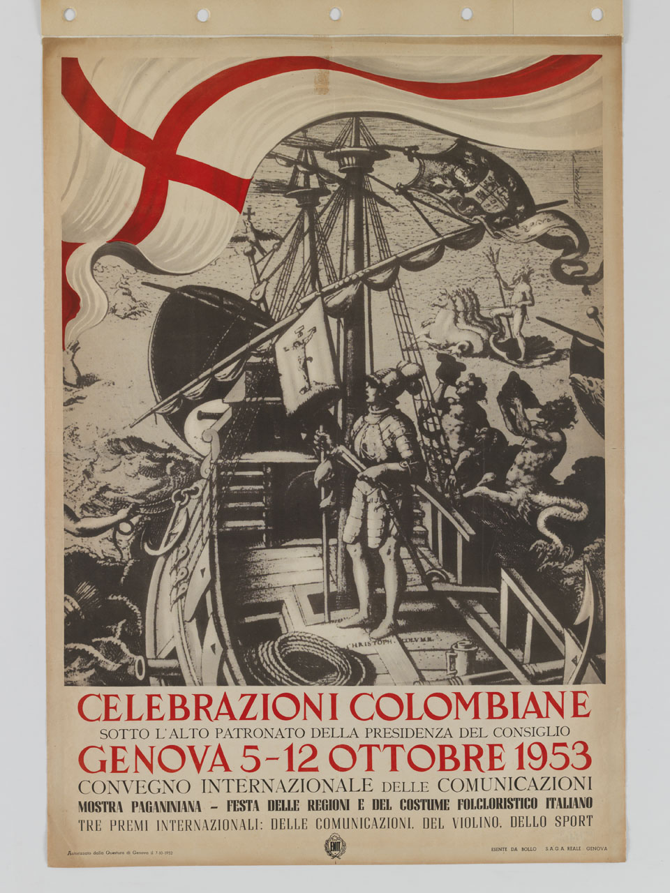 illustrazione con Cristoforo Colombo sulla Santa Maria in mezzo al mare (manifesto) di Viora F (sec. XX)