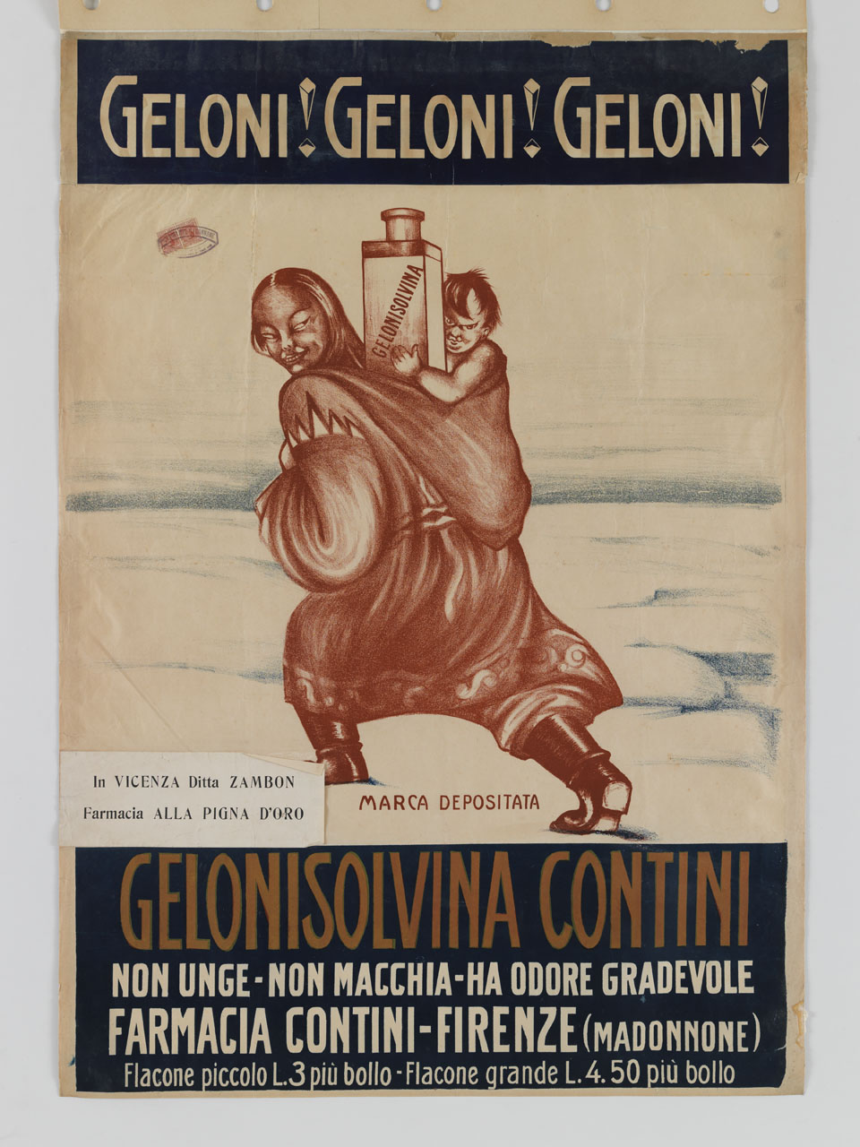 figura femminile eschimese che cammina sul ghiaccio e porta sulle spalle un bambino che ha in mano una boccetta di gelonisolvina (manifesto) - ambito italiano (sec. XX)