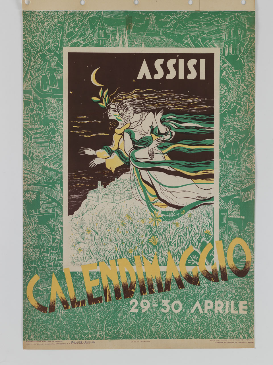 due figure femminili con vesti e capelli al vento in un prato fiorito sotto la luna; sullo sfondo la città di Assisi e nella cornice esterna rappresentazione della festa del Calendimaggio (manifesto) di Dragutescu Eugen (sec. XX)