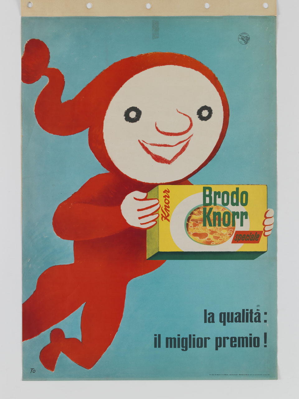 personaggio con tuta e cappuccio rossa che mostra una confezione di brodo Knorr (manifesto) di Tomamichel Hans (sec. XX)