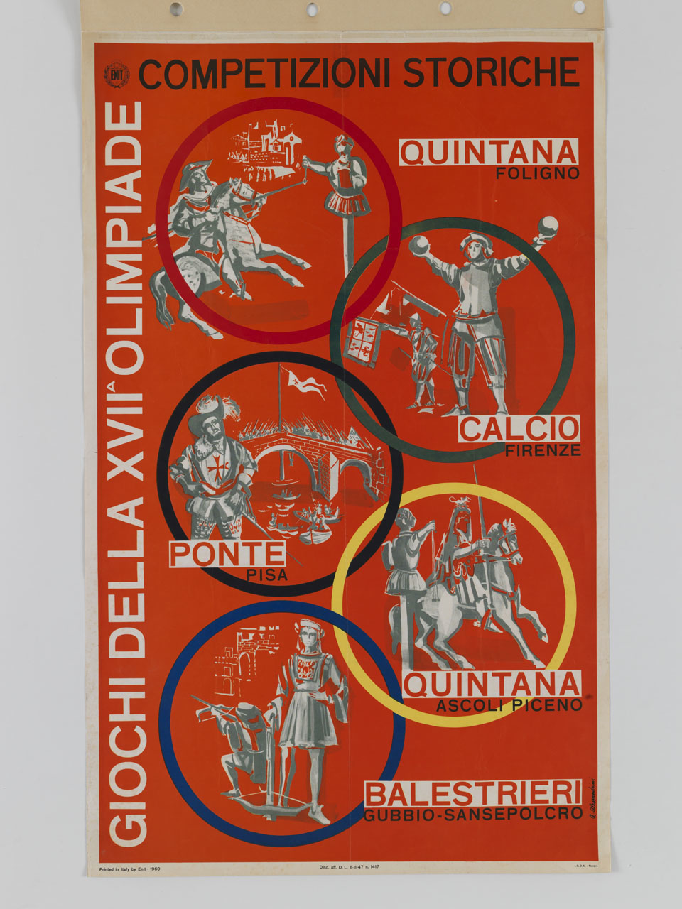 cavalli e cavalieri nella rappresentazione di giochi medievali entro i cinque cerchi olimpici (manifesto) di Alessandrini Adriano (sec. XX)
