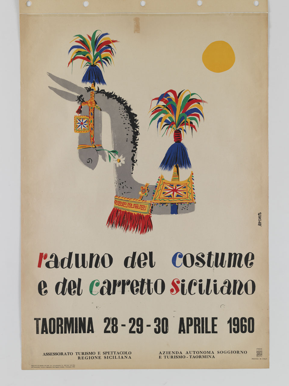 mulo addobbatto con paramenti colorati per trainare un carretto tradizionale siciliano (manifesto) di Artass - ambito italiano (sec. XX)