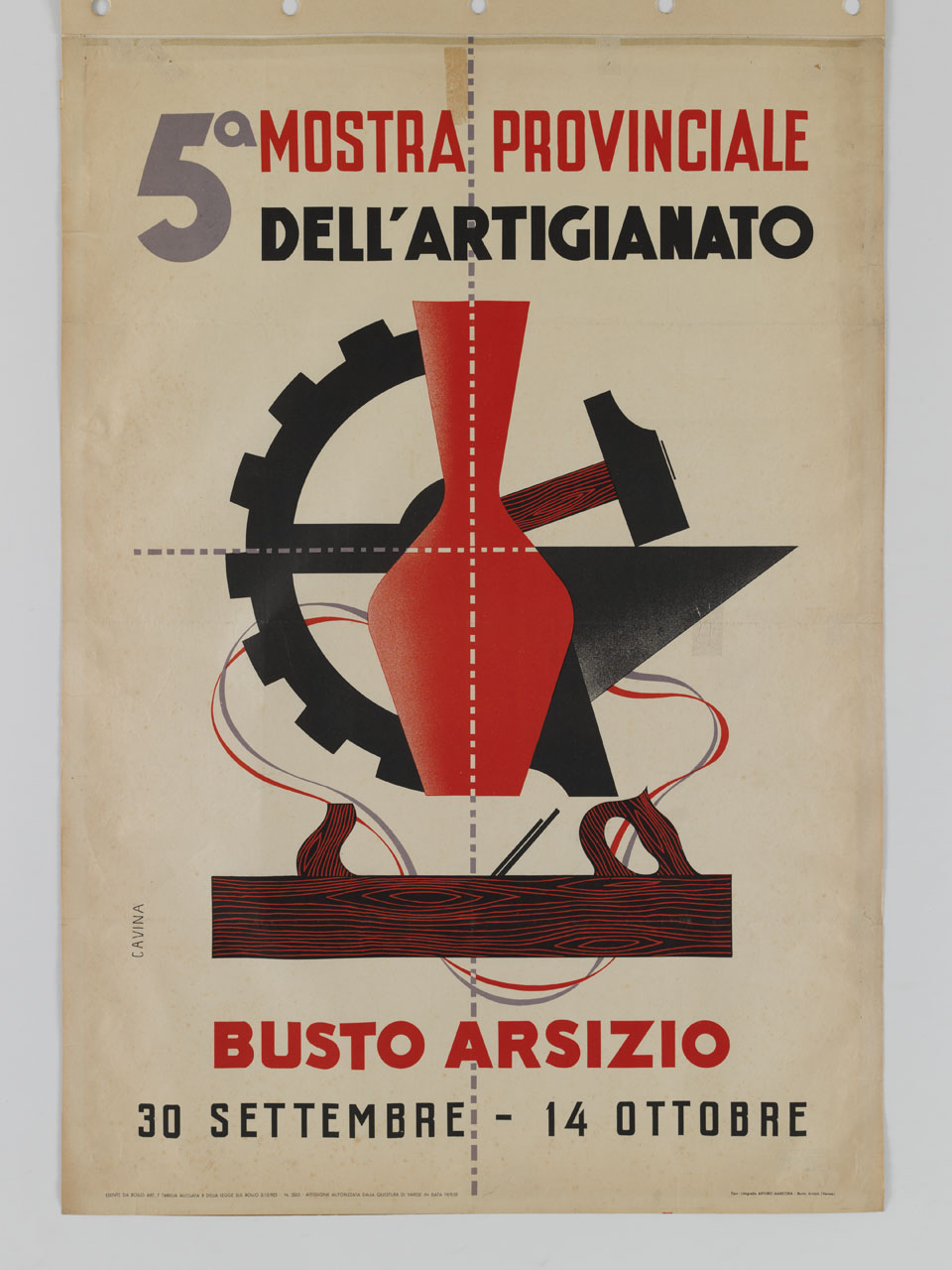 ruota dentata, incudine, martello, pialla e vaso (manifesto) di Cavina - ambito italiano (sec. XX)