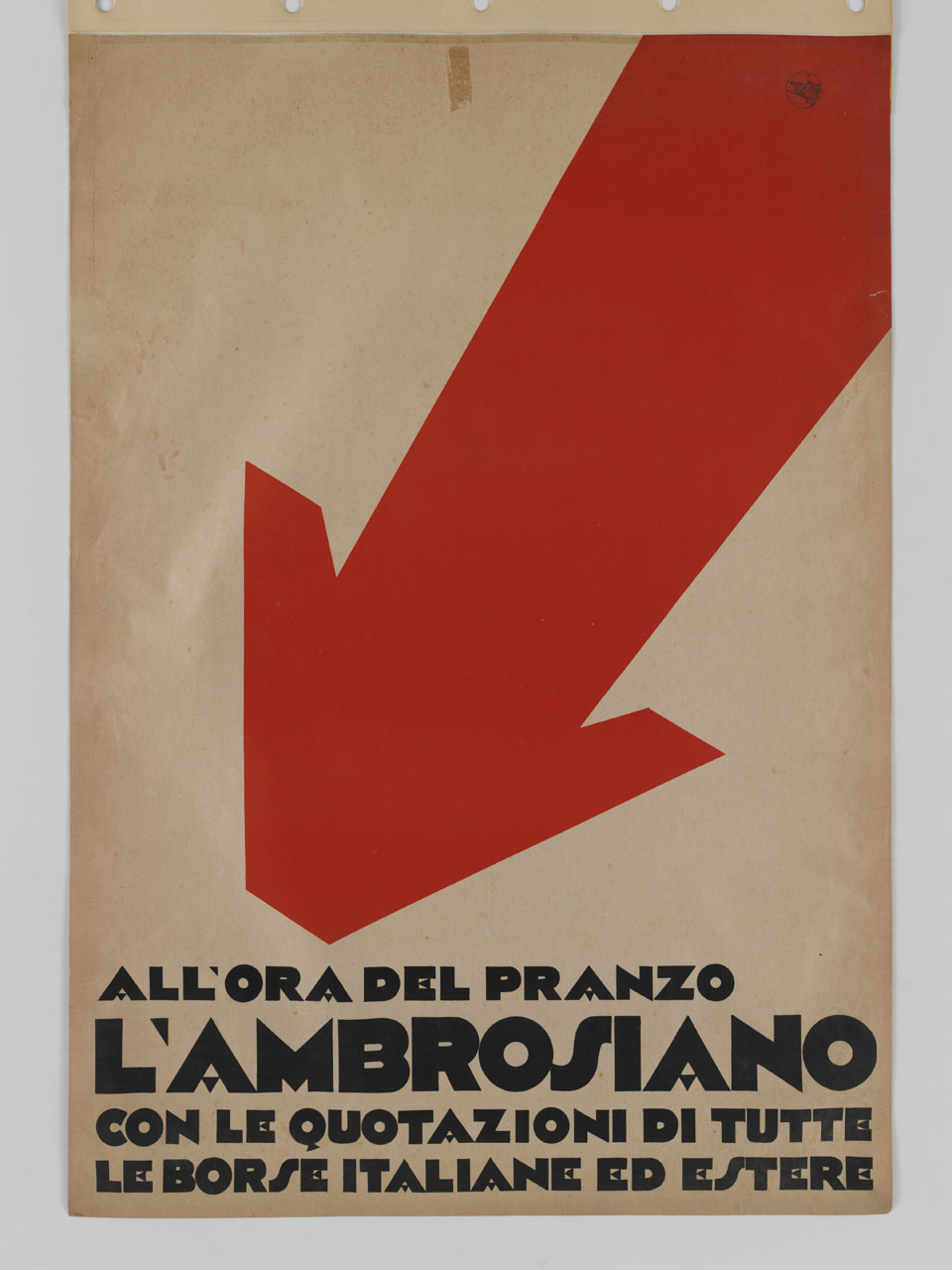 freccia rossa che campeggia sopra scritte nere (manifesto) - ambito italiano (sec. XX)
