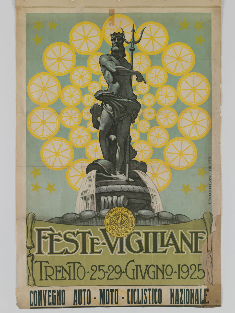 particolare della statua del Nettuno nell'omonima fontana in piazza Duomo a Trento (manifesto) - ambito italiano (sec. XX)