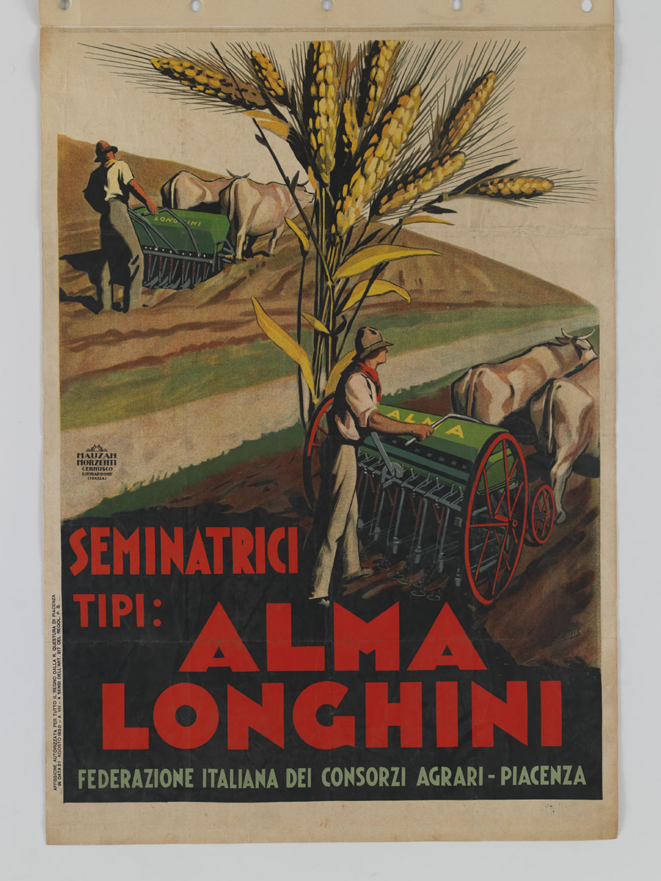 due contadini intenti a seminare con due seminatrici trainate da buoi e spiga di grano che campeggia nei campi (manifesto) di Boccasile Gino (sec. XX)