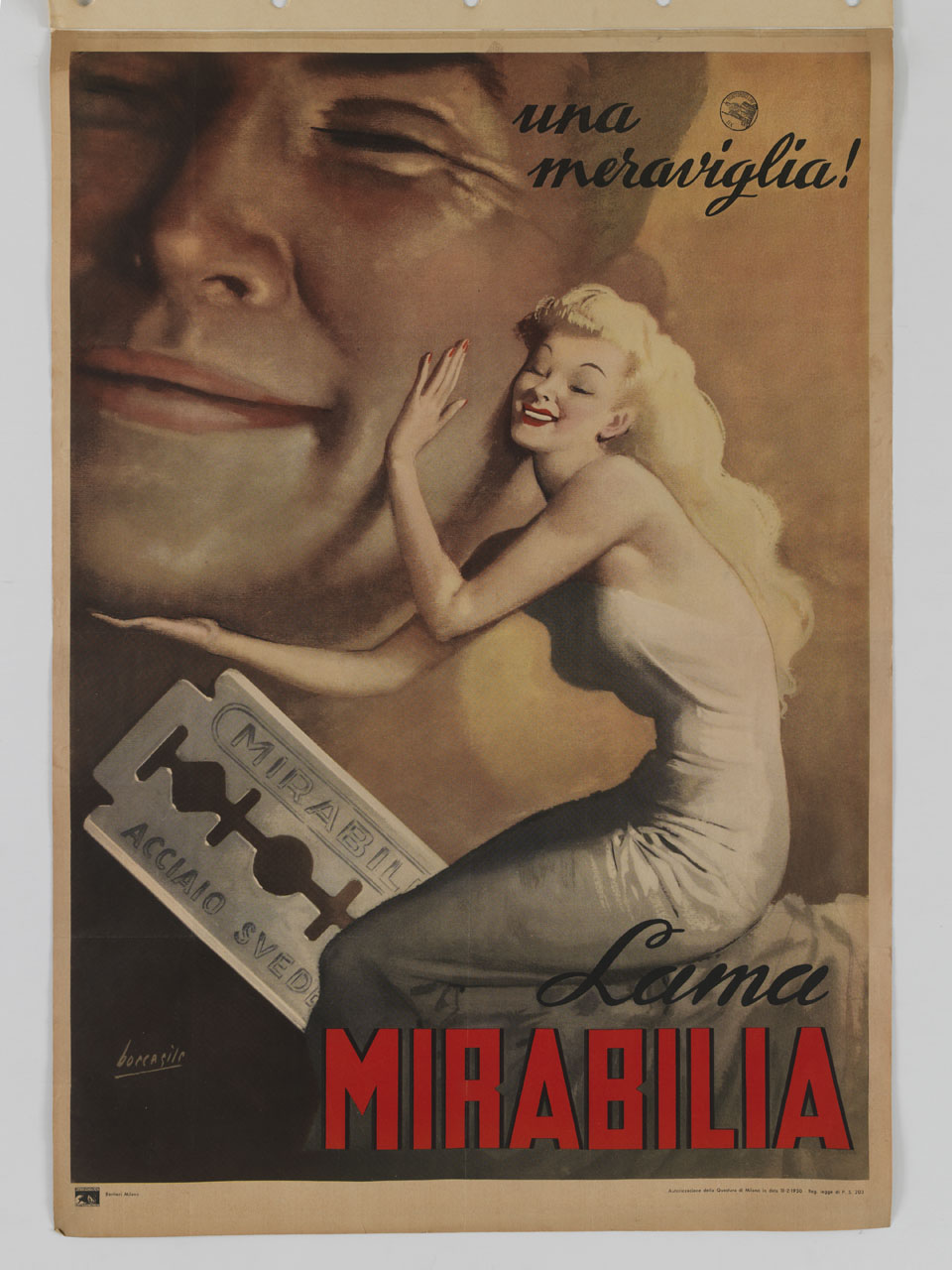 figura femminile che accarezza un volto maschile di proporzioni giganti come la lametta d'acciaio che campeggia sul suo collo (manifesto) di Boccasile Gino (sec. XX)