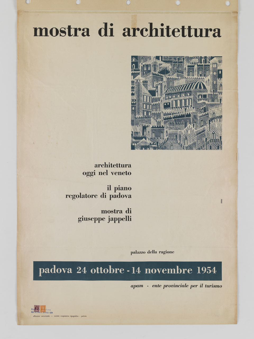 iscrizioni che campeggiano al centro su fondo bianco e riquadro con una rielaborazione delle veduta di Padova di Giusto de'Menabuoi nella basilica di Sant'Antonio (manifesto) di Perissinotto Giorgio detto Peri (sec. XX)
