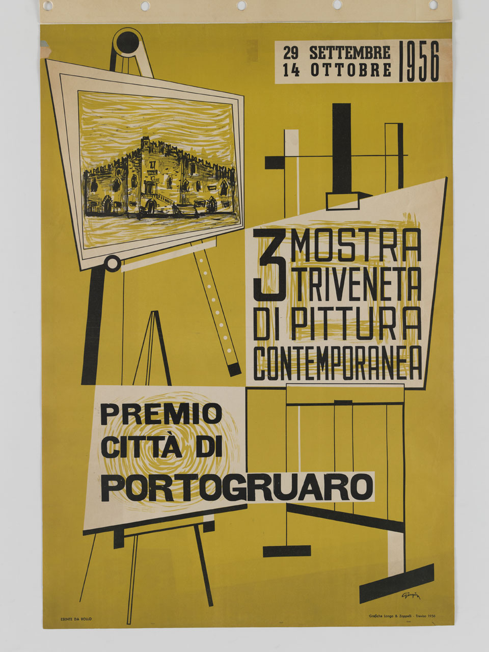 cavalletti e tele su cui sono presenti iscrizioni e una raffigurazione del palazzo del municipio di Portogruaro (manifesto) di Pin Giuseppe detto Giupin (sec. XX)