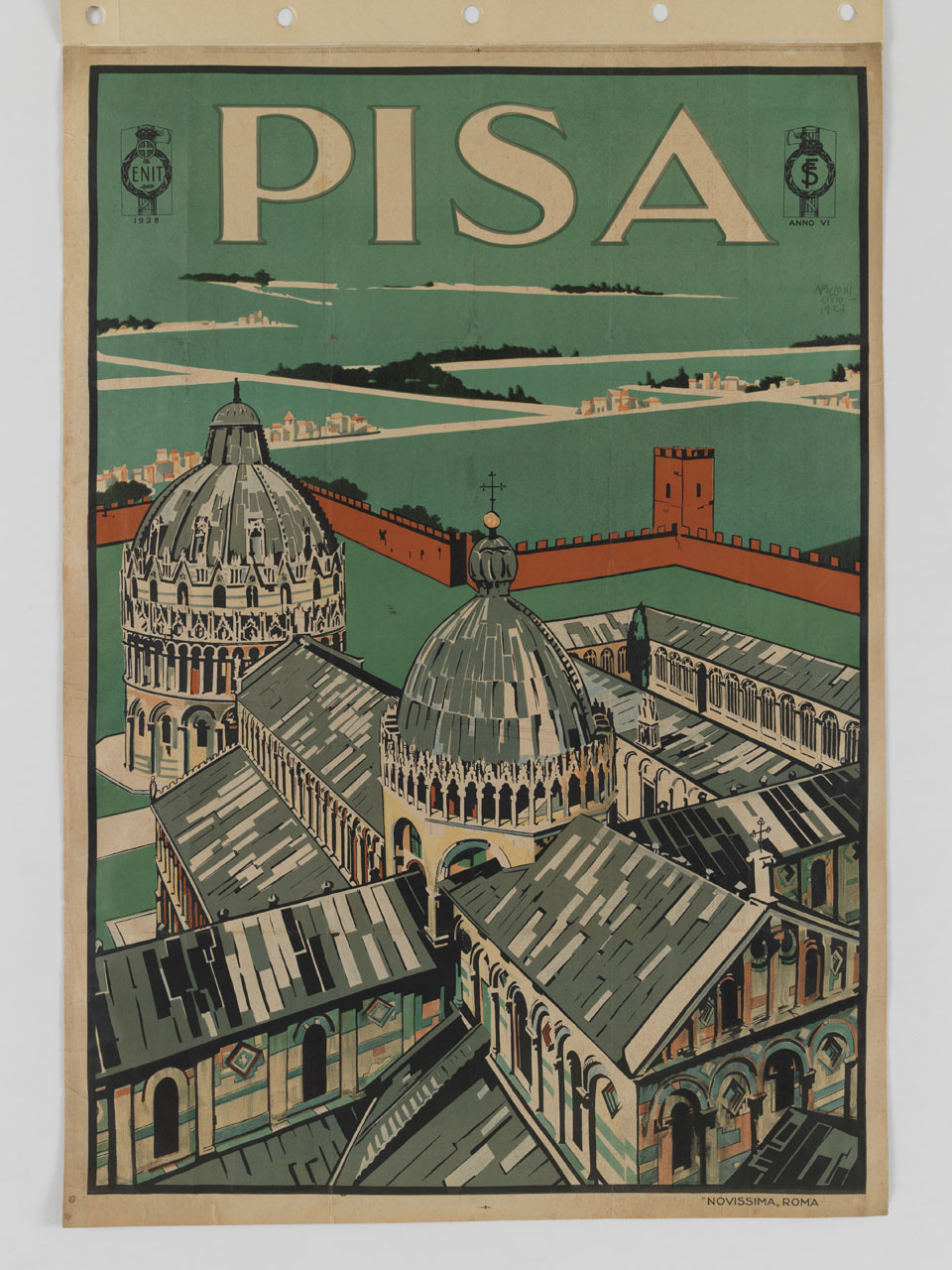 veduta dall'alto, probabilmente dalla torre campanaria, di piazza dei Miracoli a Pisa con il duomo, il battistero, il camposanto, la cinta muraria e le campagne circostanti (manifesto) di Apolloni Livio (sec. XX)