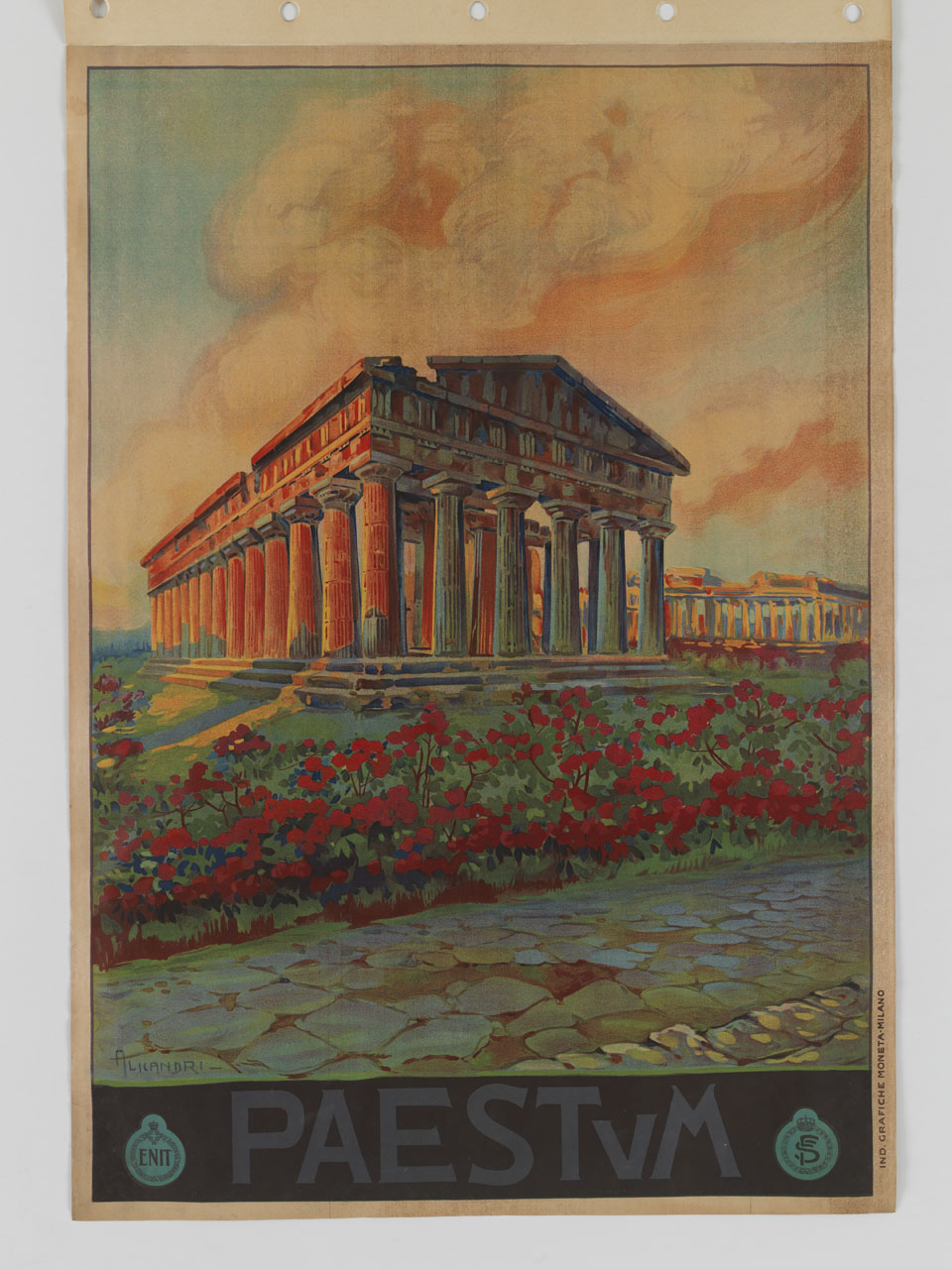 veduta del tempio di Nettuno a Paestum, con il tempio di Era sullo sfondo e una distesa di rose rosse in primo piano (manifesto) di Alicandri Vincenzo (sec. XX)
