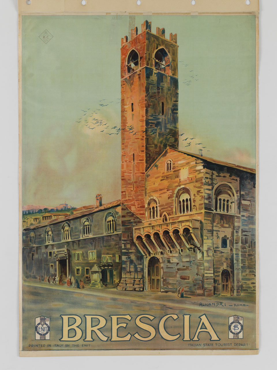 scorcio del palazzo Broletto e della torre del Pegol in piazza Paolo VI a Brescia (manifesto) di Alicandri Vincenzo (sec. XX)