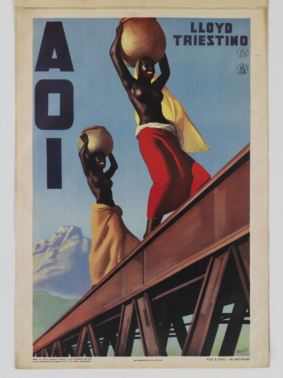 due figure femminili di colore con giare in testa attraversano un ponte di ferro (manifesto) di Boccasile Gino (sec. XX)