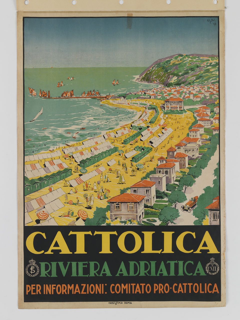veduta della spiaggia di Cattolica con il lungomare, le cabine, gli ombrelloni e il porto turistico (manifesto) di Apolloni Livio (sec. XX)