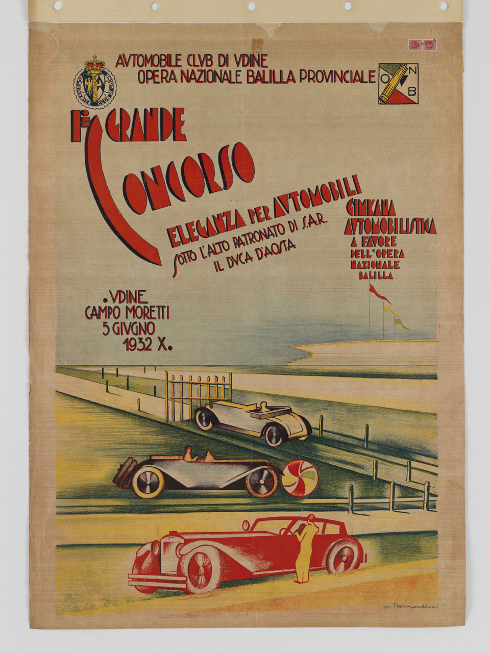 campo Moretti con tre auto sportive in pista (manifesto) di Bernardinis Mario (sec. XX)