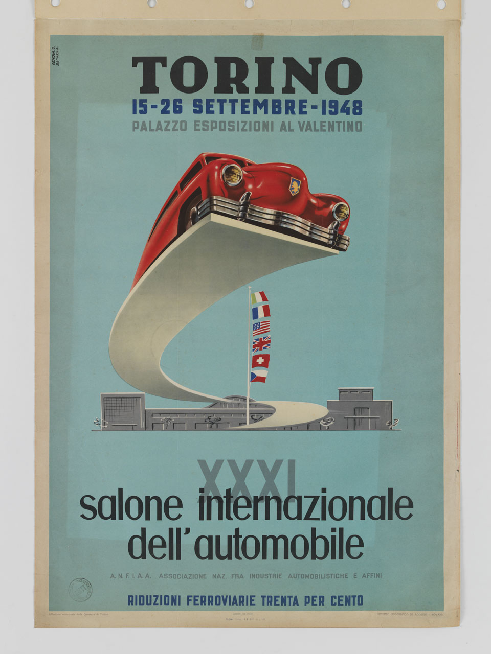 autovettura rossa sopra una rampa davanti al Palazzo delle Esposizioni di Torino (manifesto) di Genova D, Beccaria A - ambito italiano (sec. XX)