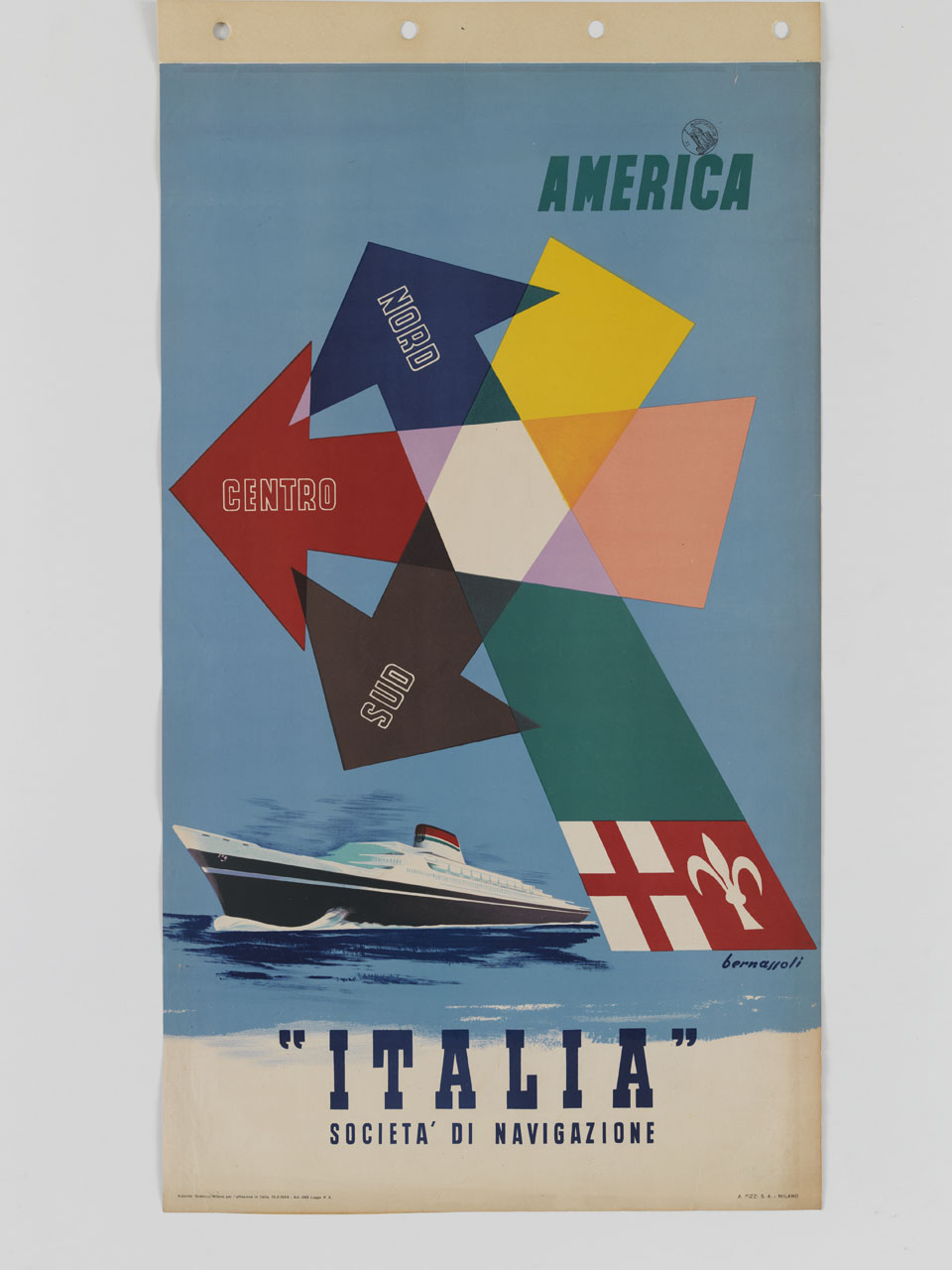 un transatlantico con frecce che indicano i luoghi che può raggiungere (manifesto) di Bernazzoli Dario (sec. XX)