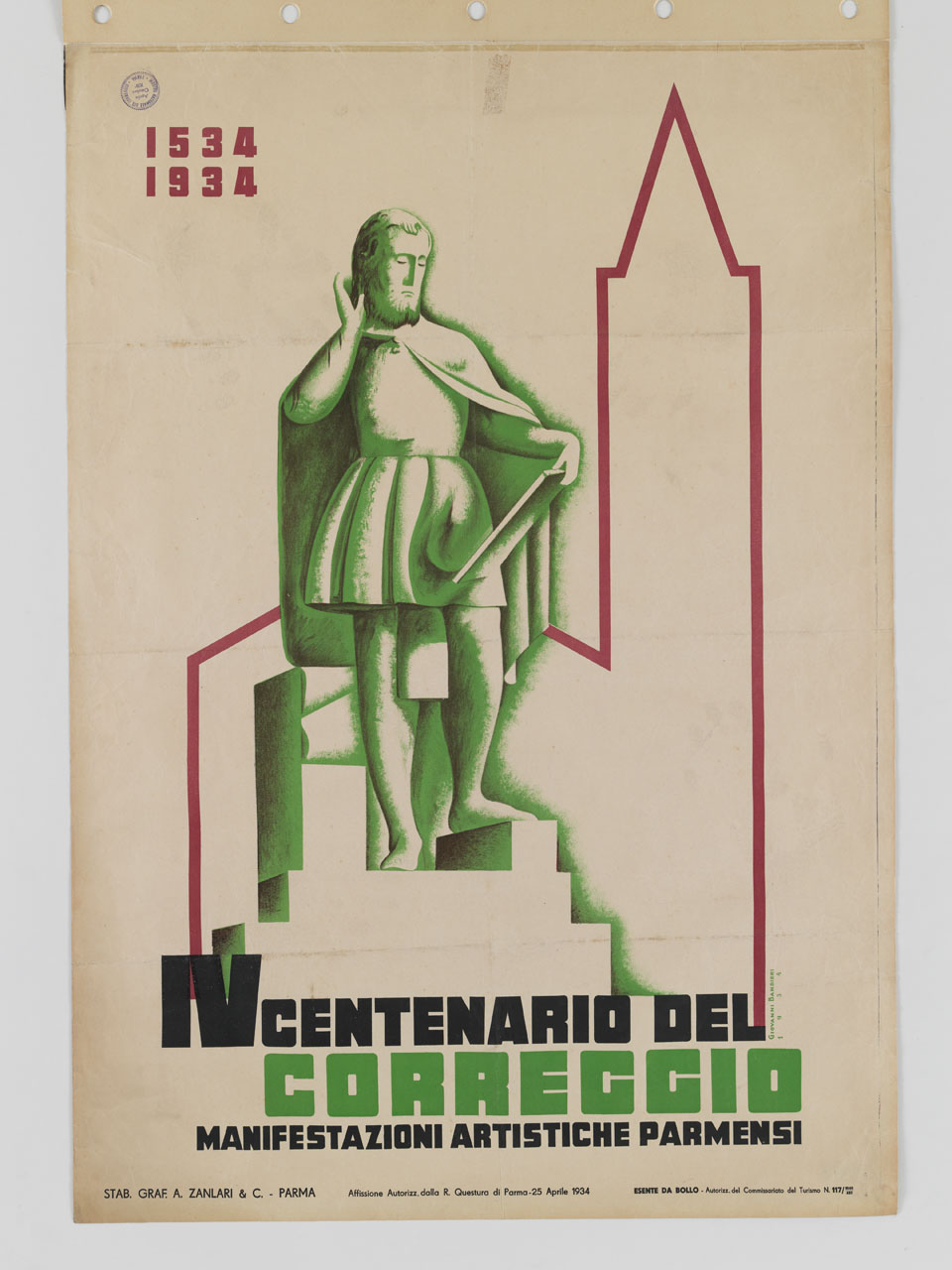 raffigurazione animata della statua del Correggio di Agostino Ferrarini e sagoma del duomo e del campanile di Parma (manifesto) di Bandieri Giovanni (sec. XX)