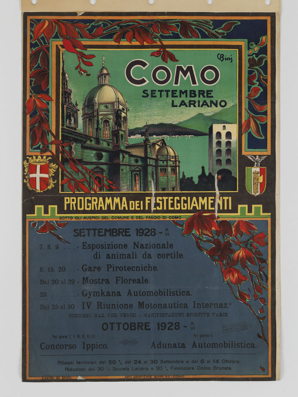 duomo e porta Torre di Como, davanti al lago, entro una cornice floreale (manifesto) di Bini Carlo (sec. XX)