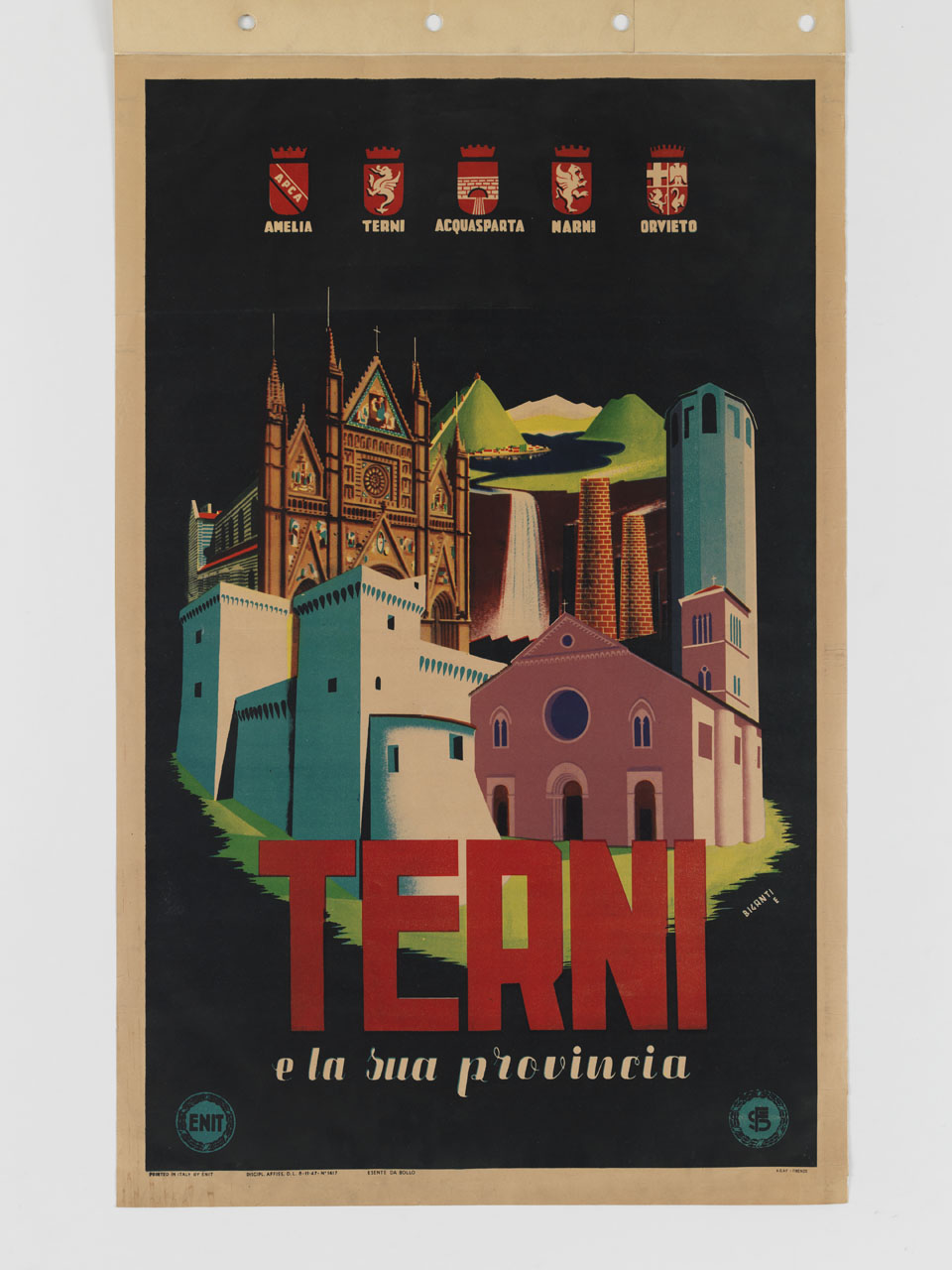 raffigurazioni della chiesa di San Francesco a Terni, della cattedrale di Santa Maria Assunta di Orvieto, della Torre civica di Amelia, della rocca di Narni, due ciminiere e il lago di Piediluco sullo sfondo. In cima gli stemmi delle città ternane (manifesto) di Biganti Edmondo (sec. XX)
