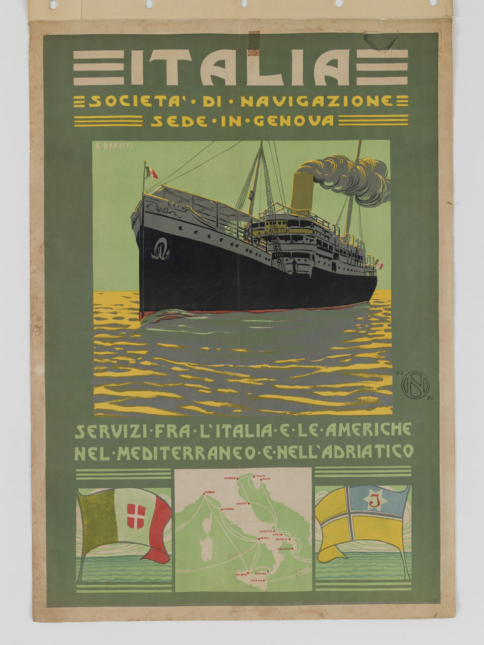 un transatlantico, una bandiera del Regno d'Italia, una mappa dell'Italia e la bandiera della Italia Società Anonima di Navigazione (manifesto) di Baruffi Alfredo detto Barfredo (sec. XX)
