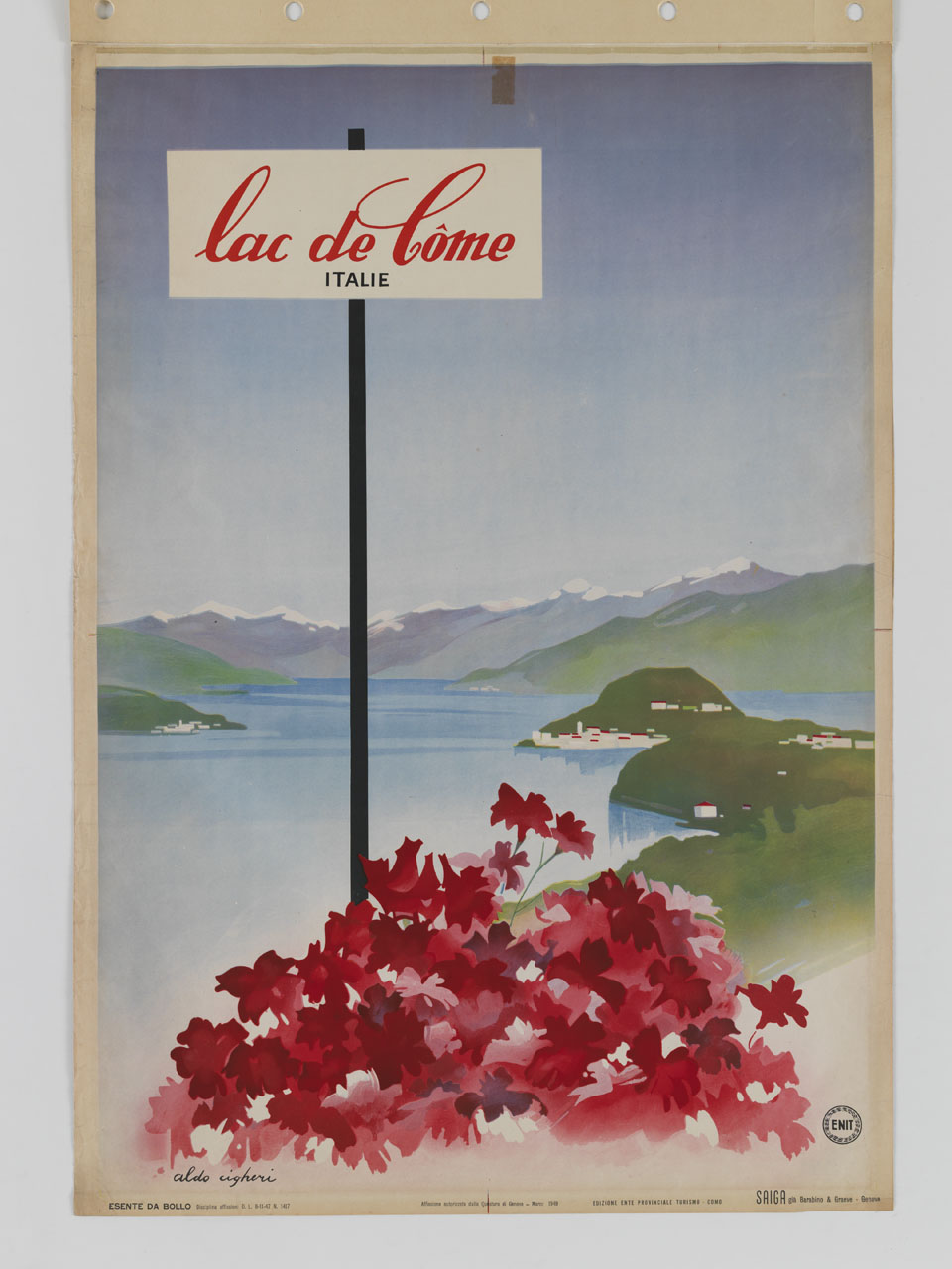 veduta del lago di Como con le montagne innevate sullo sfondo e fiori rossi in primo piano (manifesto) di Cigheri Aldo (sec. XX)