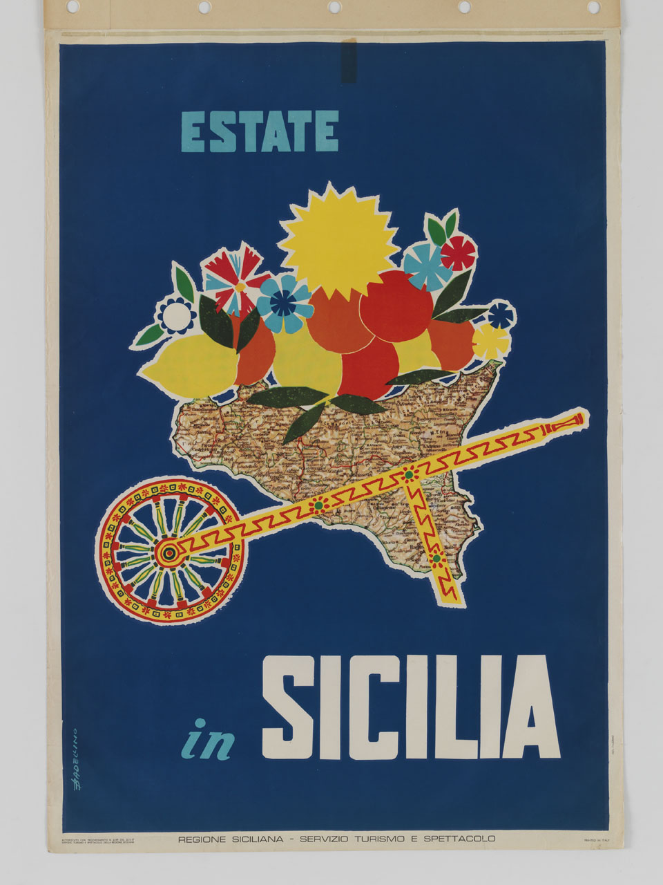 mappa della Sicilia a rappresentare un carretto tradizionale che trasporta agrumi e frutta (manifesto) di Badellino Francesco (sec. XX)