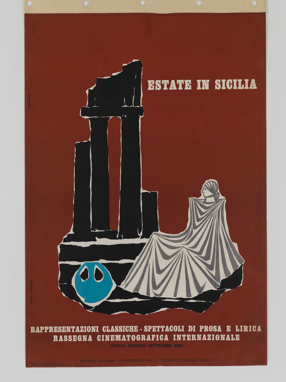 rovina di un tempio, anfora e figura femminile con peplo (manifesto) di Molinari Ennio - ambito italiano (sec. XX)