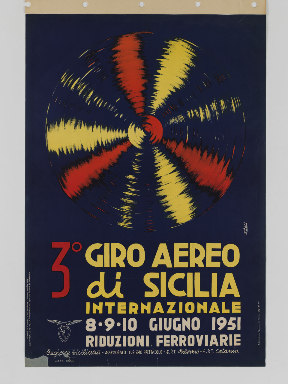 elica rossa e gialla in movimento su fondo nero (manifesto) di Artass - ambito italiano (sec. XX)