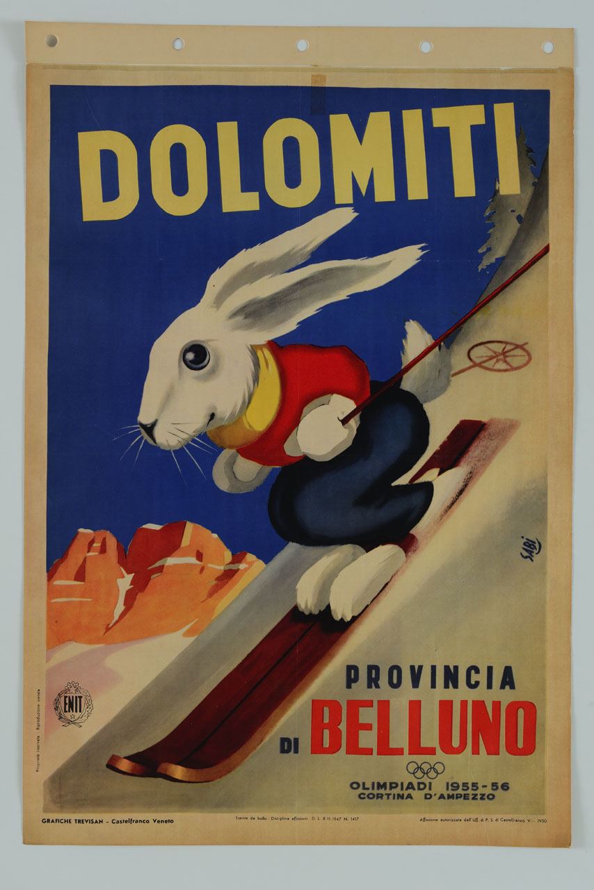 coniglio animato, con indumenti ed attrezzatura da sciatore, che scende da una montagna dolomitica (manifesto) di Bidasio Degli Imberti Sandro detto Sabi (sec. XX)