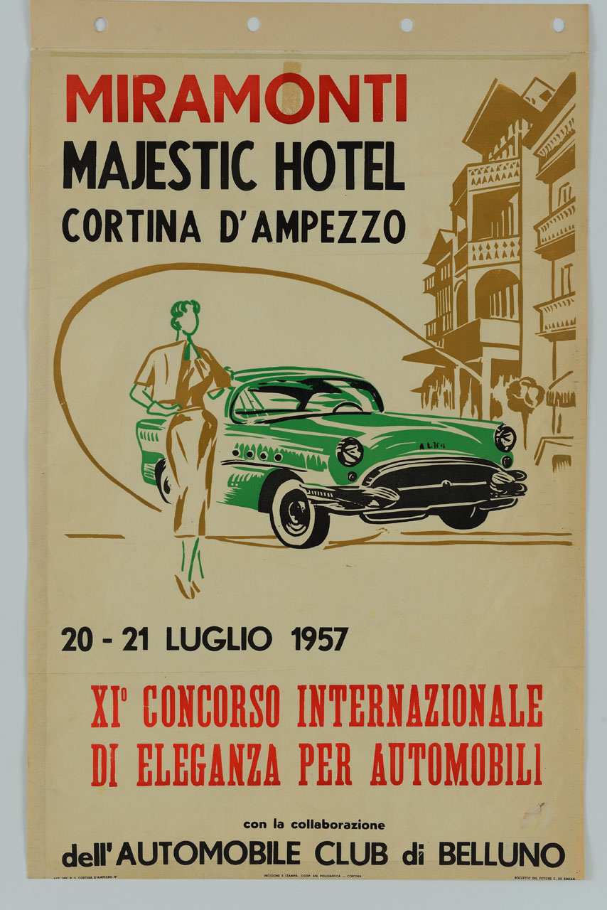 figura femminile stilizzata che posa accanto ad un automobile verde davanti al Grand Hotel Miramonti Majestic di Cortina (manifesto) di De Zulian Carlo (sec. XX)