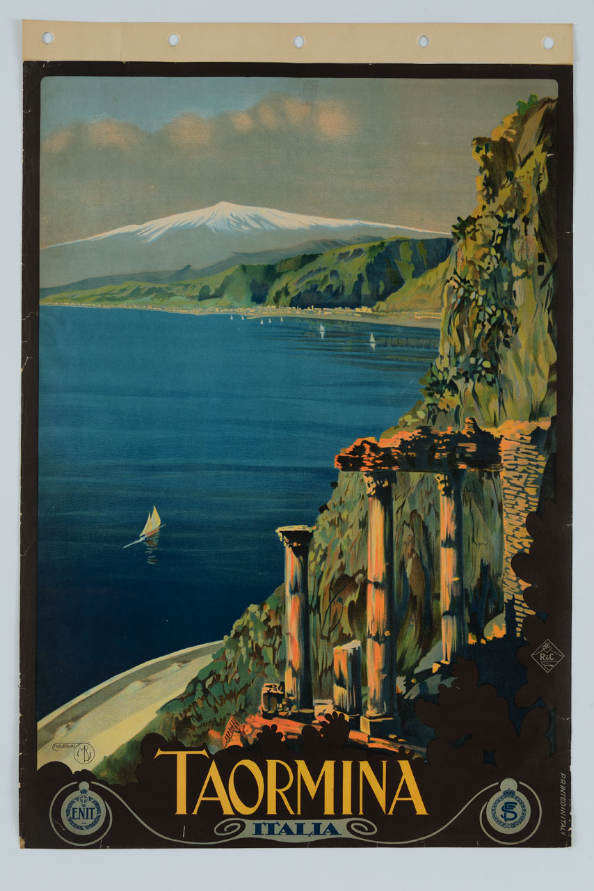 veduta del golfo di Taormina, con un dettaglio del Teatro antico e l'Etna sullo sfondo (manifesto) di Borgoni Mario (sec. XX)