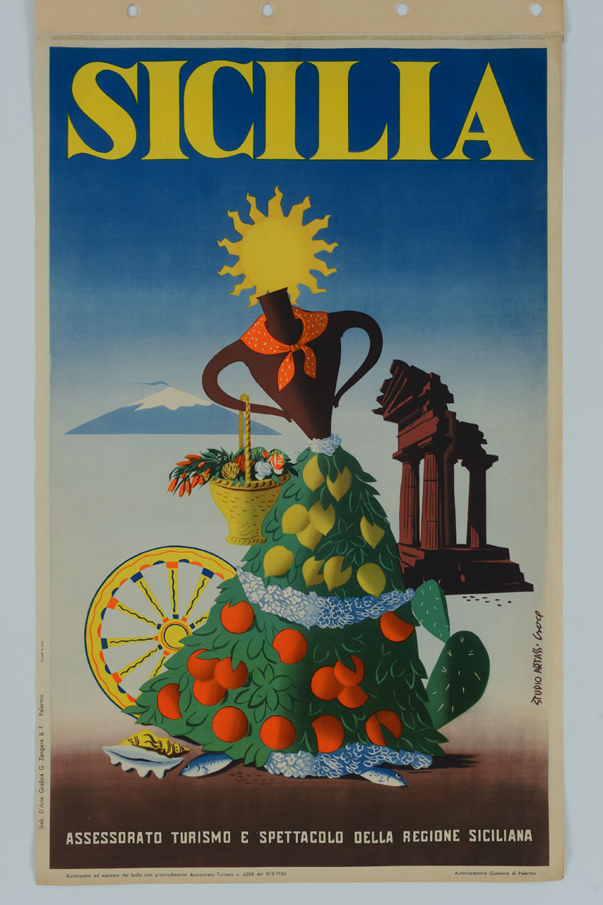 anfora, sole e rami con frutti che personificano una figura femminile, davanti all' Etna e al tempio dei Doioscuri (manifesto) di Studio Artass Croce (sec. XX)