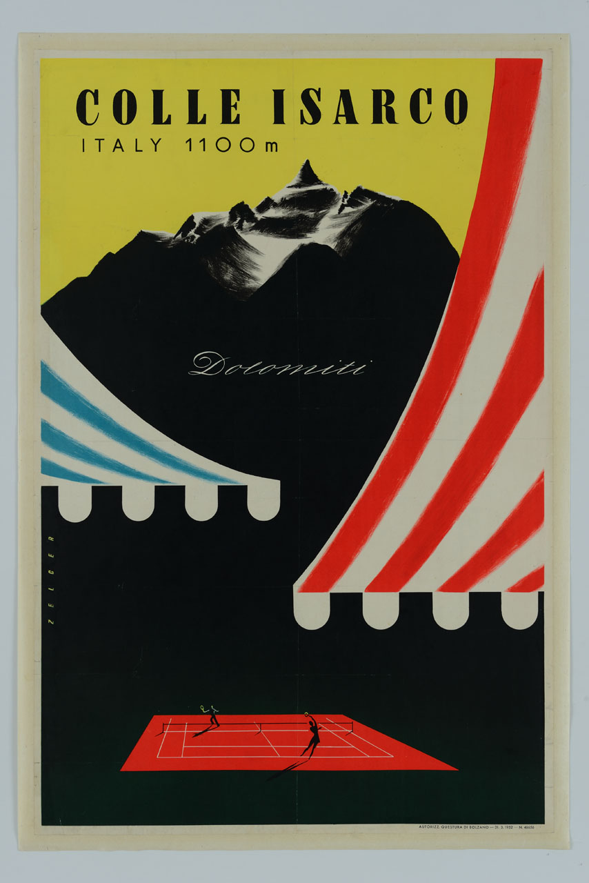 due tende da sole a righe oltre le quali appare un campo da tennis con giocatori, ai piedi delle cime di Ladurns (manifesto) di Zelger Arthur (sec. XX)