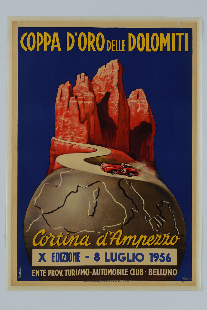 mappamondo con Italia in primo piano su cui sfreccia una macchina da corsa attraverso le Tre Cime di Lavaredo (manifesto) di Lucchetta Giuseppe (sec. XX)