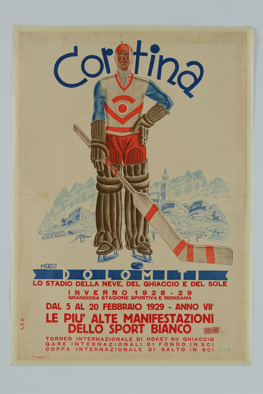 portiere di una squadra di hockey sul ghiaccio su un campo da gioco ai piedi di Cortina d'Ampezzo (manifesto) di Merlet Alexander Erwin (sec. XX)