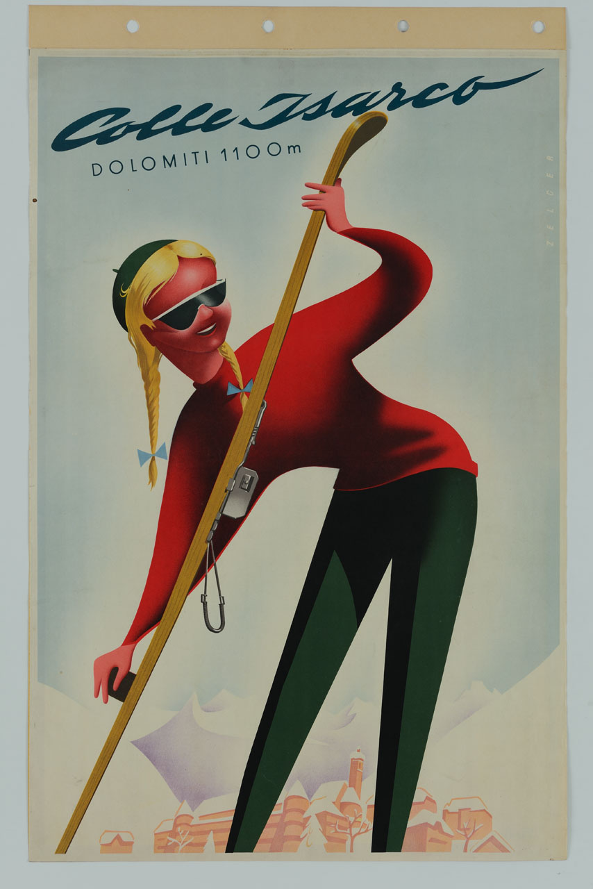 figura femminile intenta a passare la sciolina sugli sci, sullo sfondo Colle Isarco (manifesto) di Zelger Arthur (sec. XX)