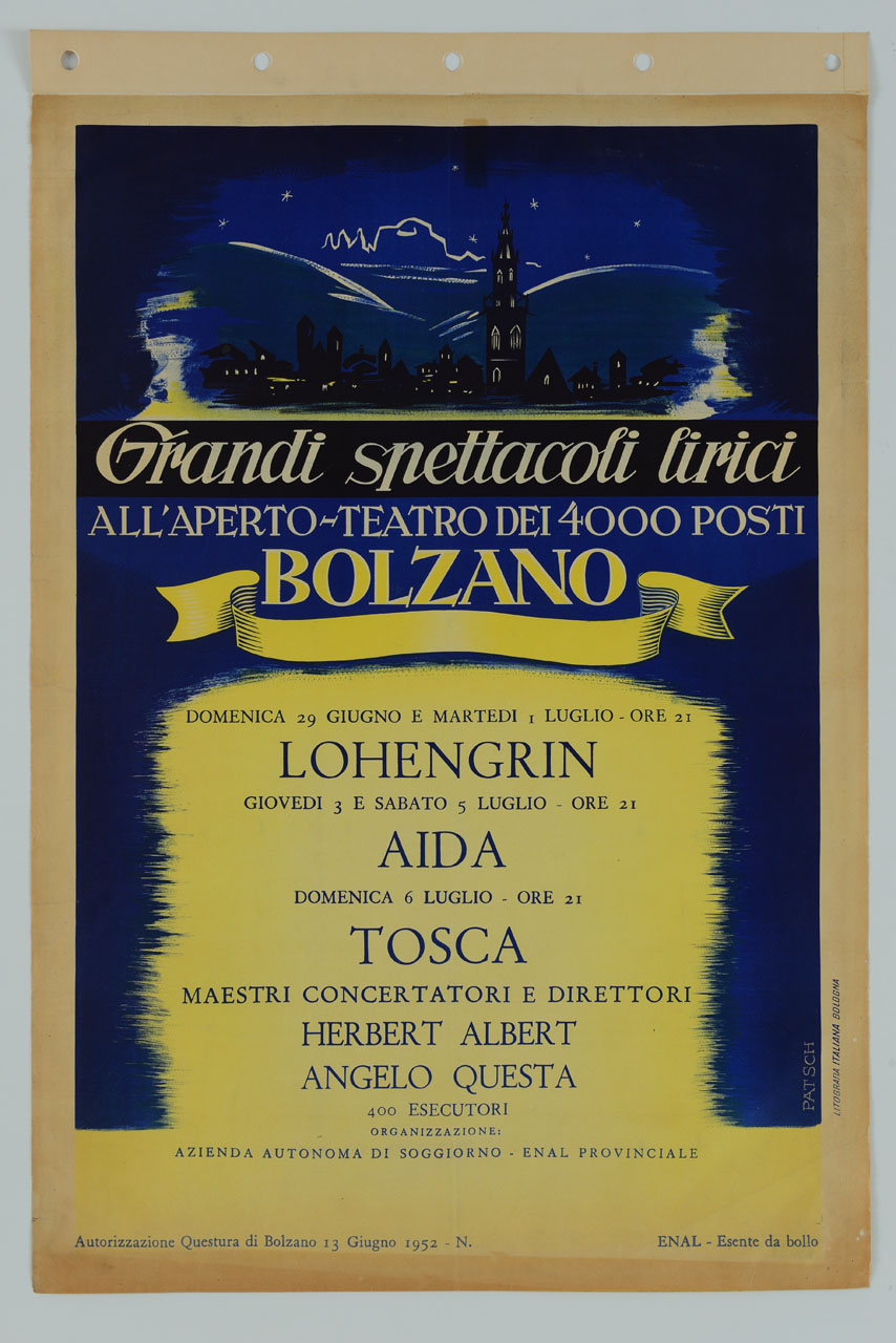 veduta notturna della città di Bolzano (manifesto) di Patsch Luis (sec. XX)